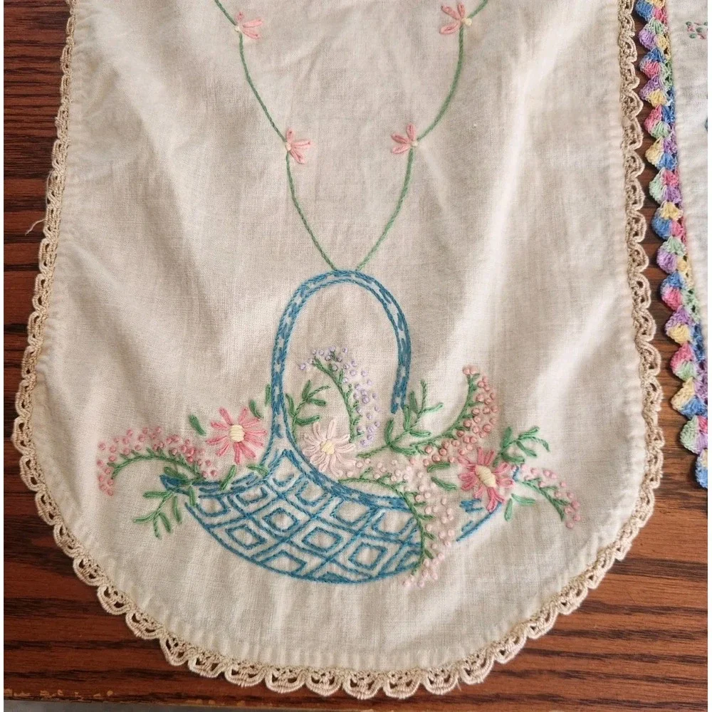 2 1960s Dresser Scarf with Embroidery & Crochet Edging, Linen Floral Butterflies